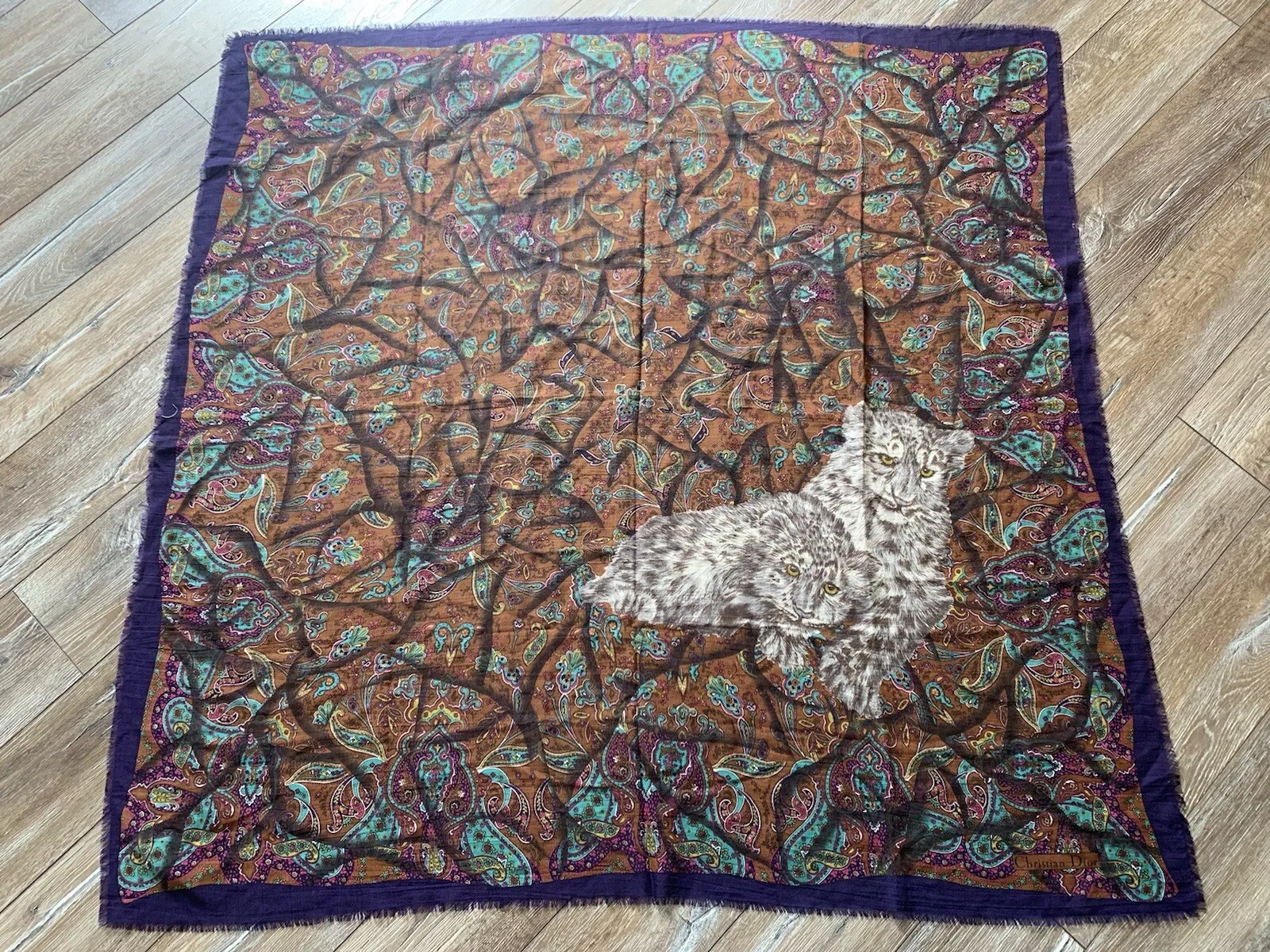 Écharpe soie laine Christian Dior trotteur lynx Paisley violet 135 cm rare vintage
