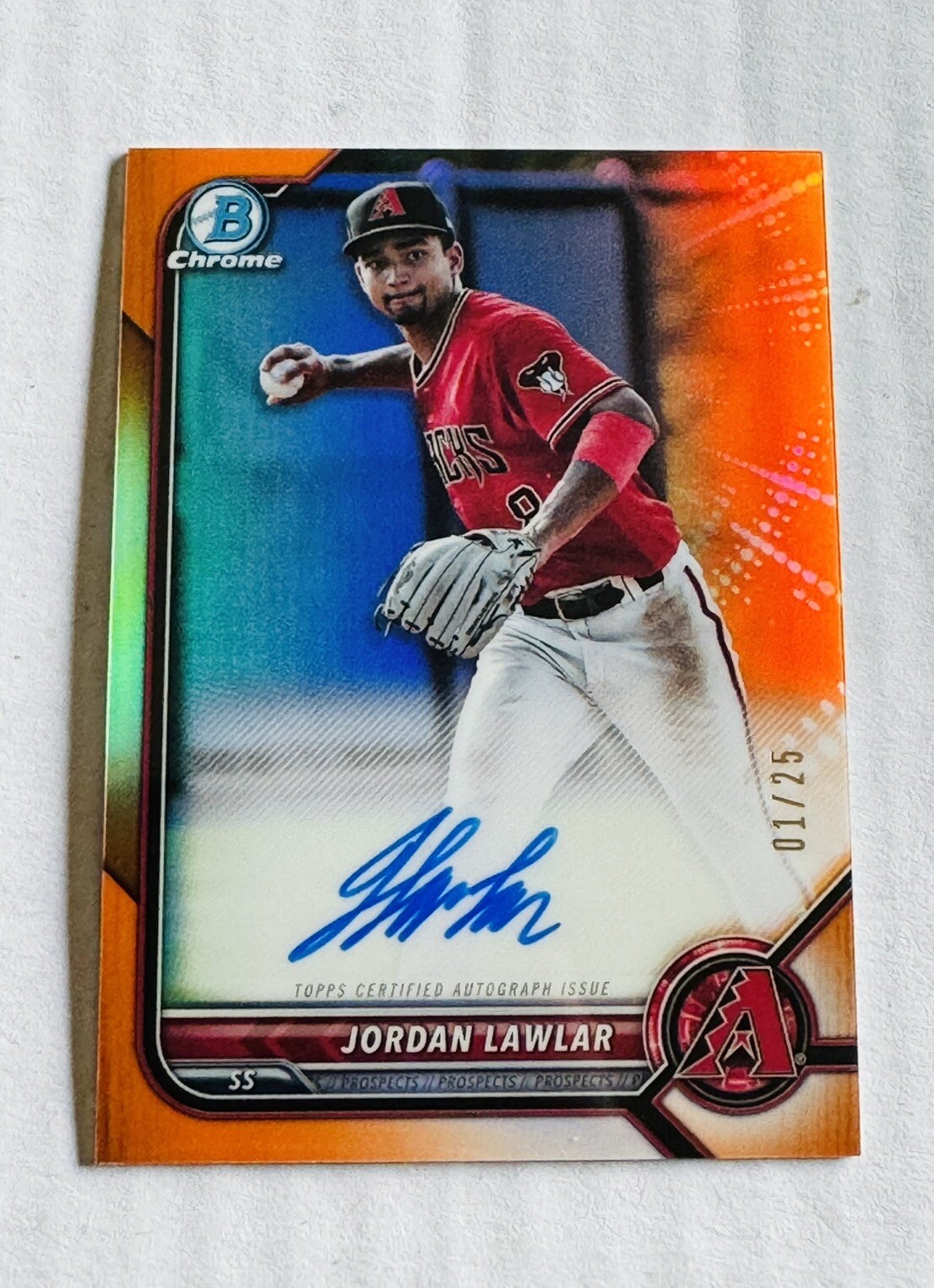 Jordan Lawlar 2022 Bowman Chrome Orange Refractor Auto /25 Diamondbacks #CPA-JLR