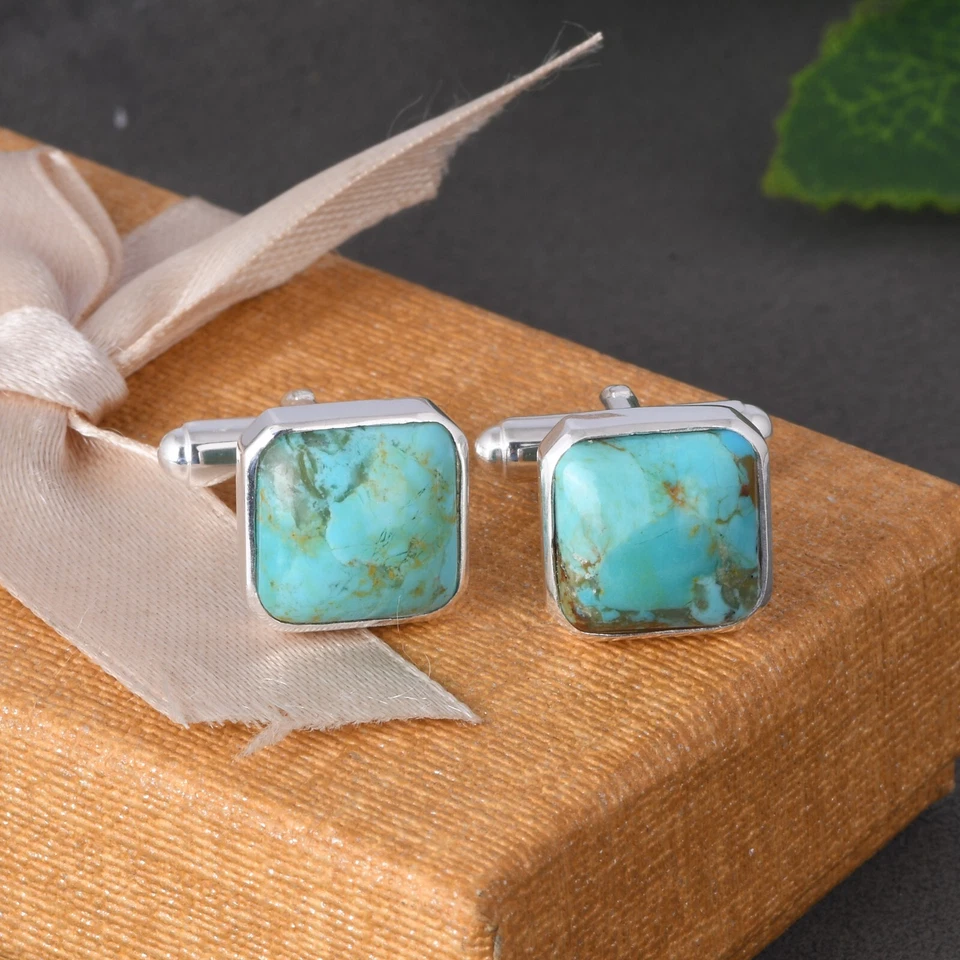 Gemelos cuadrados de plata esterlina maciza Kingman turquesa regalo para él joyas Foto 4 de 4