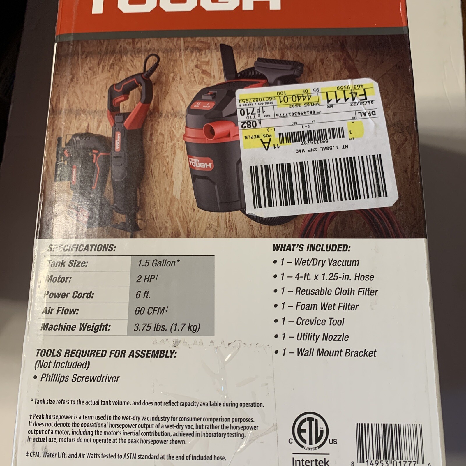 Hypertough Wet Dry Car Vacuum Cleaner 1.5 Gallon 2 HP 60 CFM Shop Vac