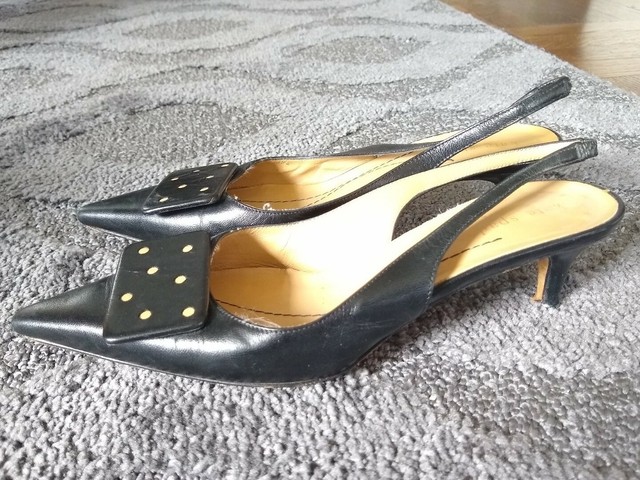black leather slingback kitten heels