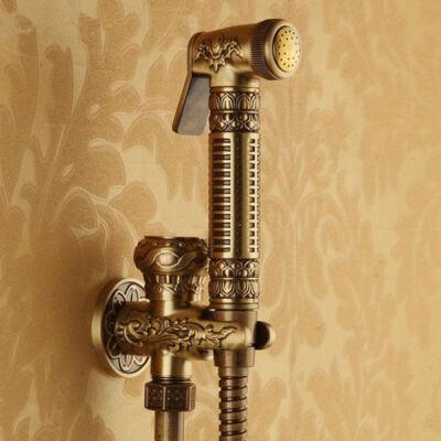 Antique Brass Toilet Handheld Douche Kit Bidet Shower Shattaf Valve with Holder