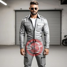 MONO DE CUERO GRIS OVEJA GENUINO PARA HOMBRE CATSUIT BOLSILLO FRONTAL BODY GENERAL