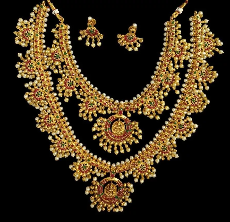 LONG NECKLACE EARRINGS 22K GOLD PLATED SOUTH INDIAN WEDDING TEMPLE JEWELLERY SET