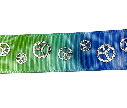 3 yards 7/8" Peace Signs Silver on Psychedelic Grosgrain Ribbon 100% polyester - Picture 3 of 8