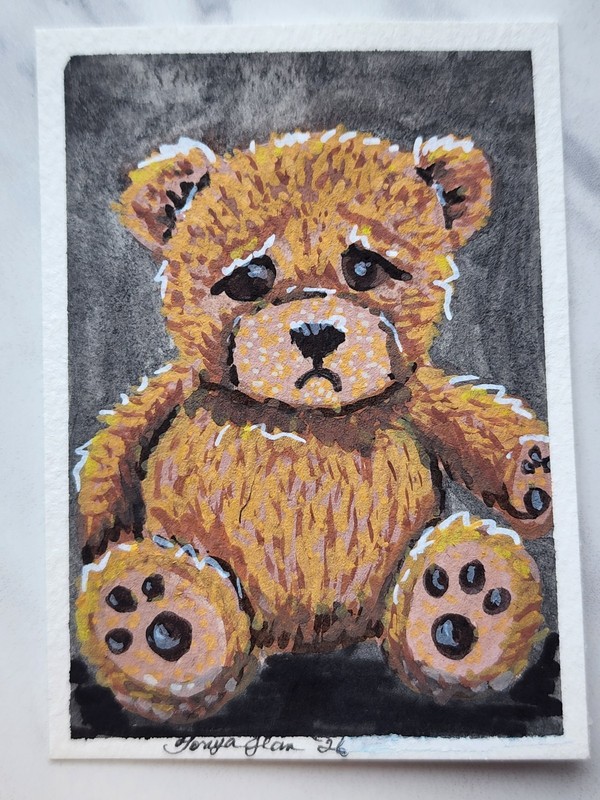 ACEO Original Animal Sad Teddy Bear Stuffed Toy Brown Fur MysticMoodArt
