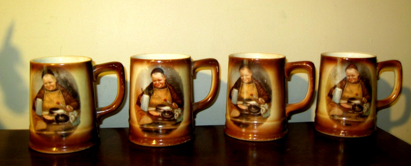 Set of 4 Vintage German Monk/Friar Porcelain Beer Mugs Marked "Germany"