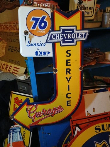 LARGE VINTAGE CHEVROLET PORCELAIN SIGN OLD CHEVY AUTOMOBILE SALES SERVICE 30"