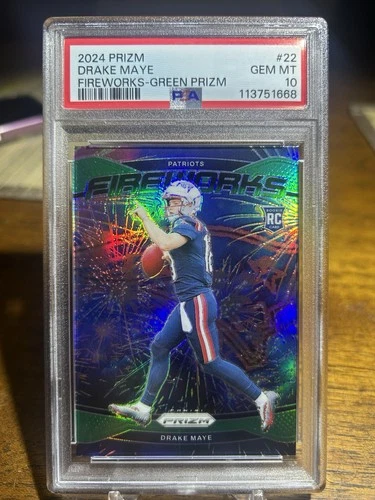 2024 Panini Prizm - Fireworks Drake Maye #22 Green Prizm (RC) PSA 10