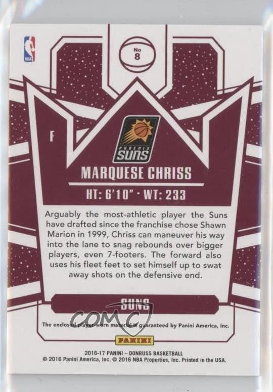 2016 Panini Donruss Newly Crowned Rookie Jerseys Prime /10 Marquese Chriss #8 RC - Image 2 of 2