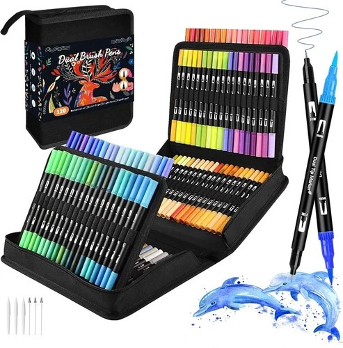 120PCS Colouring Pens Art Set Dual Tip Markers Drawing Sketching Painting kit