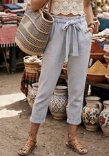 Free People Paper Bag High Waist Crop Pants Cotton Blend Blue Pockets Belted 2
