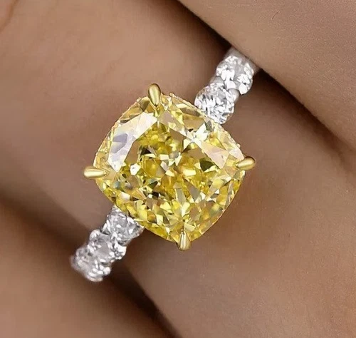 4 Ct Certified Cushion Shape Natural Yellow Diamond Ring VVS1 White Gold Finish