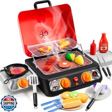 Kids BBQ Grill Playset, Kitchen Toy Set with Pretend Smoke, Light