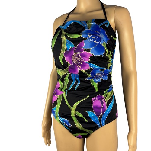 Womens One Piece Swimsuit Black Multi Floral Halter Neck Ruched Tropical Resort - Picture 4 of 17