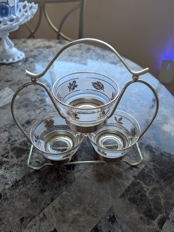 MCM LIBBY GLASS 3 BOWL CONDIMENT SERVER W/METAL RACK-GOLD LEAF DESIGN