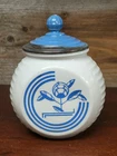 Vitrock Milk Glass Storage JAR with Lid, vintage Blue Art Deco Flower Canister