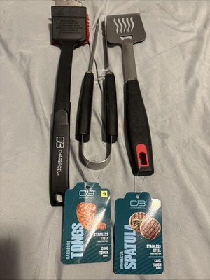 Char-Broil Grill 3 Piece Spatula, Locking Tongs: Stainless Steel, & Scraper/Brus