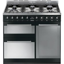 Image of Smeg SY93BL 90cm Dual Fuel Range Cooker Black 3 Oven 6 Burner Fan Oven A Rated