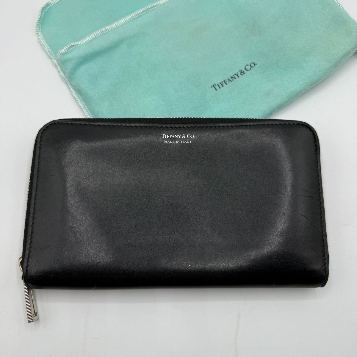 Tiffany & Co. Black Leather Zip Around Wallet Made in Italy