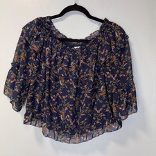 Glam Floral Off The Shoulder Ruffle Blouse Navy Small T1001 Lightweight Boho