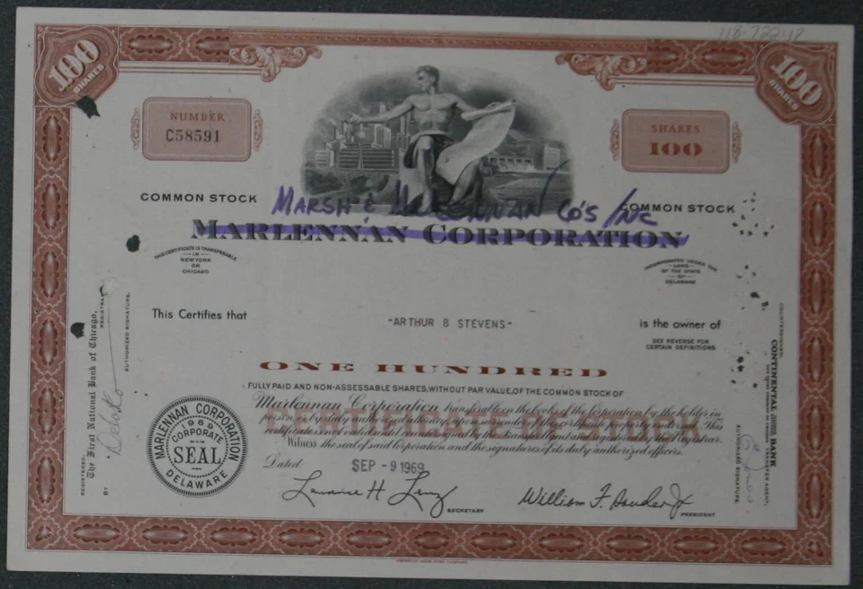 Marlennan Corporation 1969 100 Shares - Bild 1 von 1