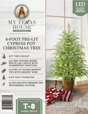 My Texas House 4FT Pre-Lit Cypress Pot Artificial Christmas Tree 4 Foot NEW