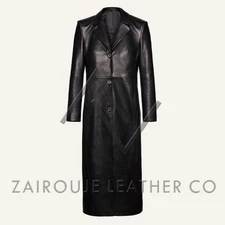 Women’s Full Length Black Leather Coat, Elegant Button Up Longline Chic Overcoat