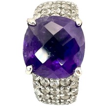 925 Sterling Silver Ring 12mm Cushion Cut Amethyst 5 rows Rhinestone Sz 8 VTG