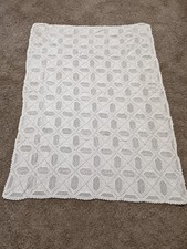 Hand Knit Afghan Throw Blanket Cream Ivory Cottage Core 75x55