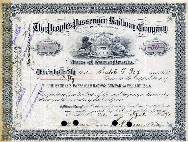 1893 People's Passenger RW Stock Certificate