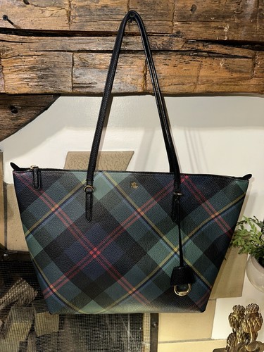 Ralph Lauren Reversible Large Tote Bag Faux Leather Navy/Plaid $195
