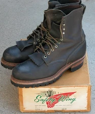 Vtg 1970s RED WING Leather Steel Toe Logger Boots 2218 Black US 10.5 Safety WING