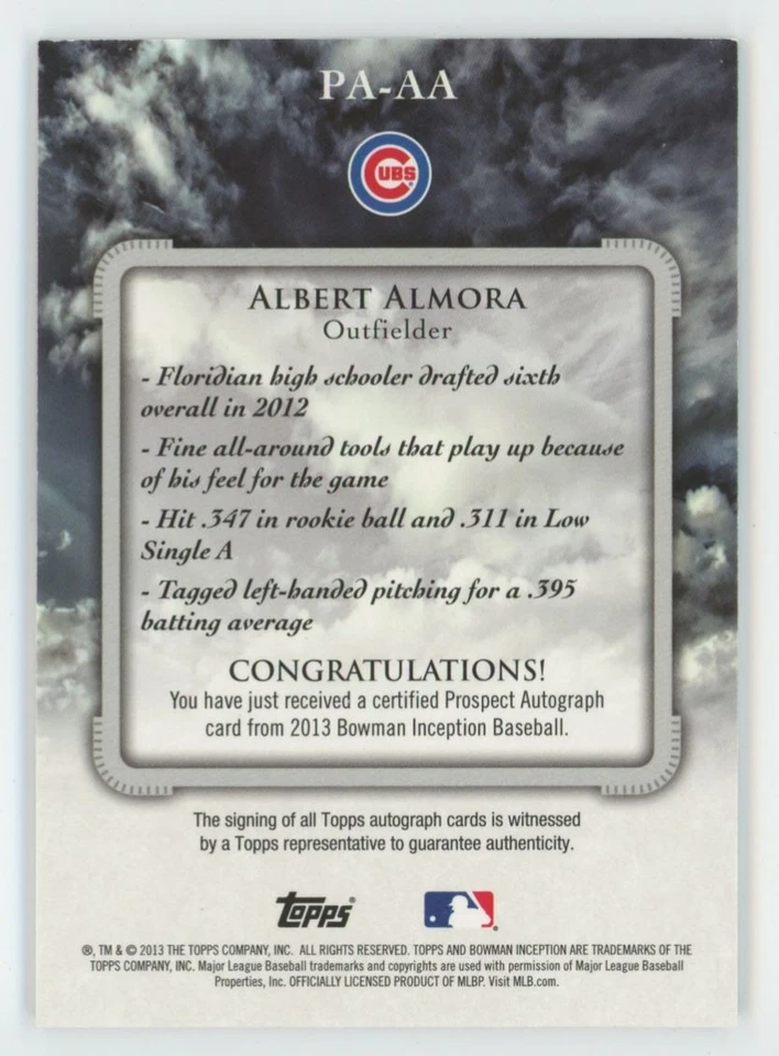 Albert Almora 2013 Bowman Inception Auto #PA-AA Chicago Cubs - Image 2 of 3