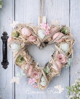   Ostern Frühling Herz Kranz 27 cm rustikal Tür Wanddeko Pastell Eier NEU