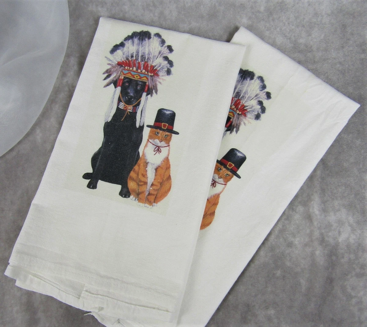Dog Cat Pilgrim Indian Kitchen Towel Tea Towel 100 Egyptian Cotton 20 x 27