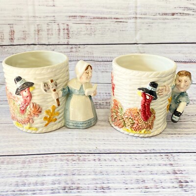 2 Vintage 1990 Fitz & Floyd Pilgrims Progress Mugs Prudence & Percival Set FF