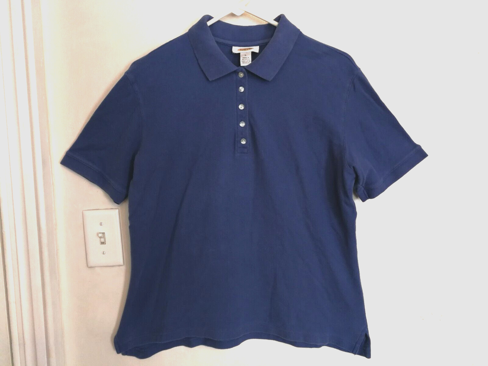 Talbots Womens Polo L Blue Button Up Shirt Top Blouse Short Sleeve Casual Office