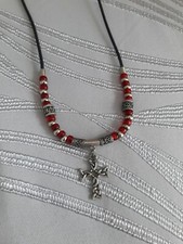 Handmade Silver Cross Necklace With Ruby Beads