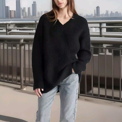 Womens Calvin Klein Relaxed Fit V Neck Sweater Black Merino Wool Sz XL  NWT