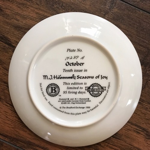 1999 Bradford Exchange Hummel Seasons of Joy October Calendar 5.75" Plate w/COA - Picture 4 of 7