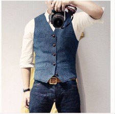 Men's Suit Vest Blue Woolen Blended Mens Vest Denim Jacket Formal Business