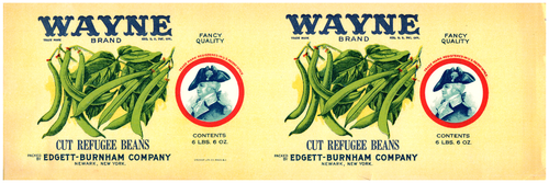 Antique 1920's Can Label Wayne Brand Cut Refugee Beans Edgett Burnham N.Y. NOS - Picture 2 of 6