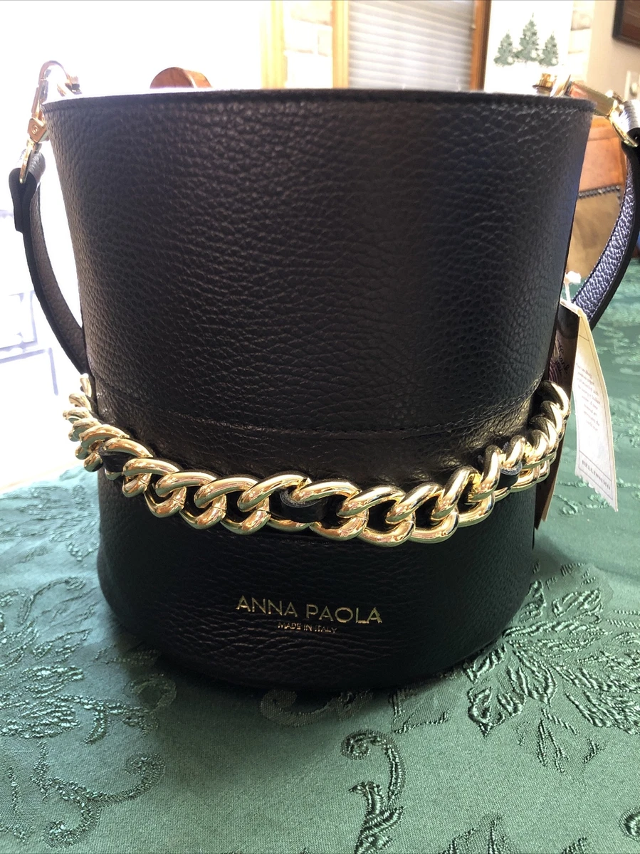 NEW! NWT ANNA PAOLA Italian Leather Bucket Bag in Black