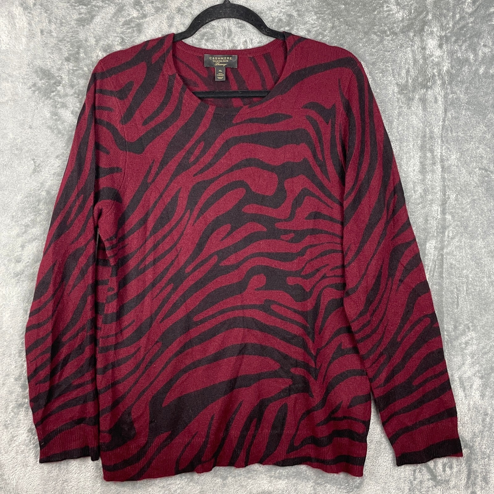 Charter Club Luxury Sweater Womens XL 100% Cashmere Burgundy Animal Pattern Cozy