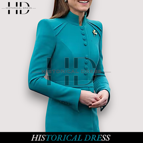 Kate Middleton Blue Wool Trench Coat | Elegant Princess Style Long Coat - Picture 3 of 7