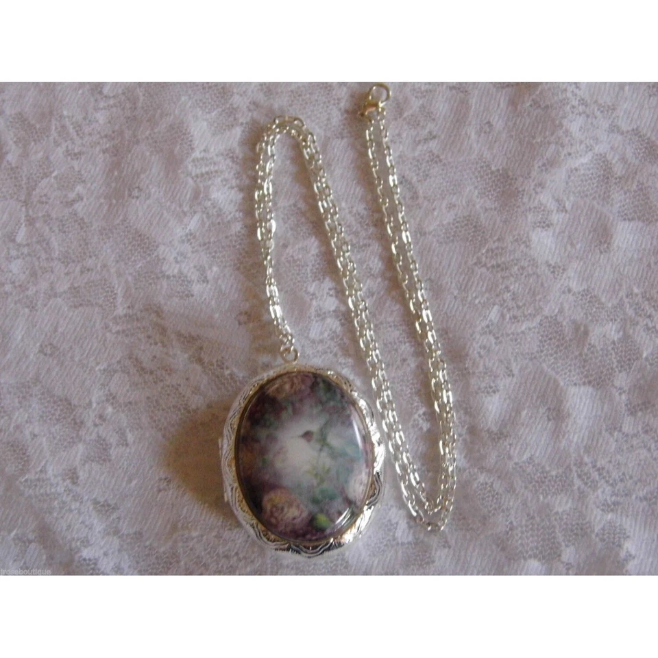 Hummingbird Rose Locket Antique Silver Necklace Porcelain Cameo Memory PHOTO - Image 3 of 4