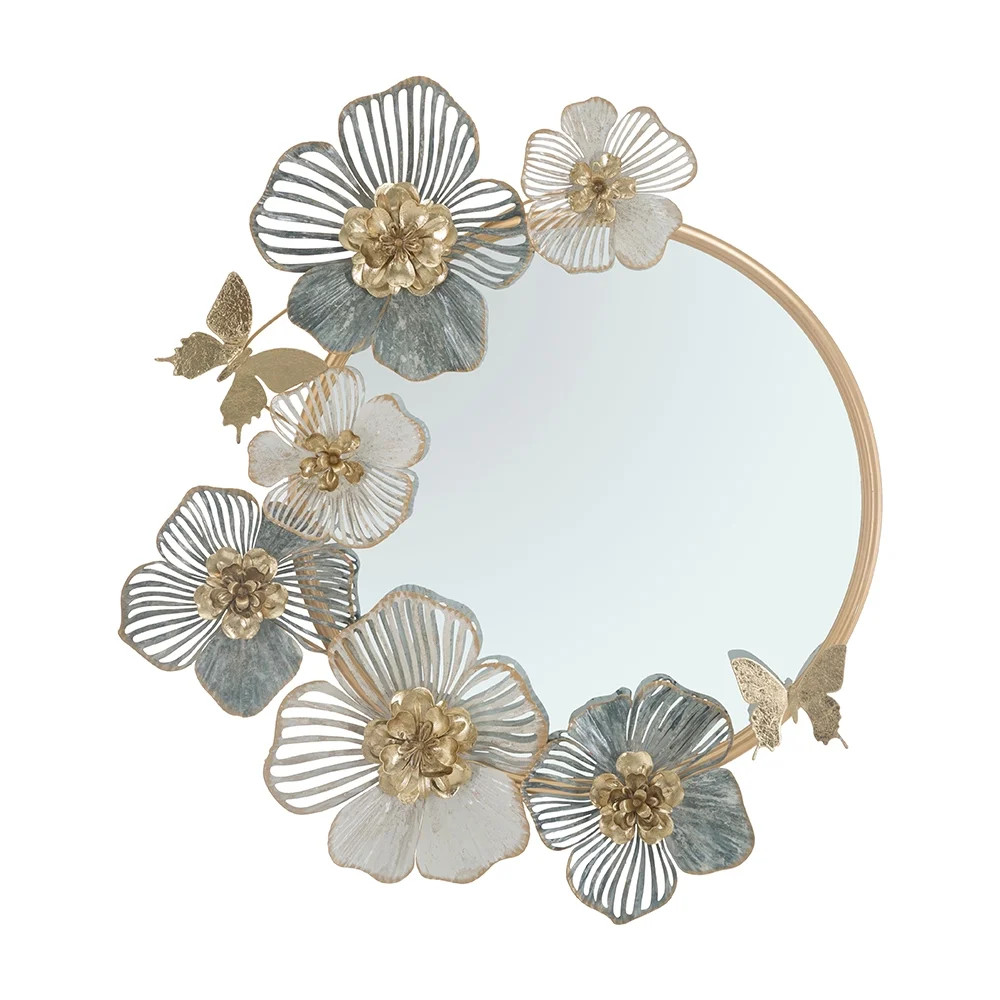 Miroir mural rond haut de gamme Amy ornements floraux 3D en fer forgé