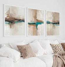 Teal and Neutral Abstract Wall Art Prints, Set of 3, Living Room Decor, Unframed