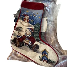 New Needlepoint Christmas Stocking Teddy Bear Moon Stars  Snowman  Village  19”